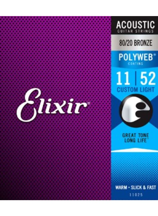 Elixir 11025 Polyweb Coated 80/20 Bronze Acoustic Guitar Cus Lt 11-52